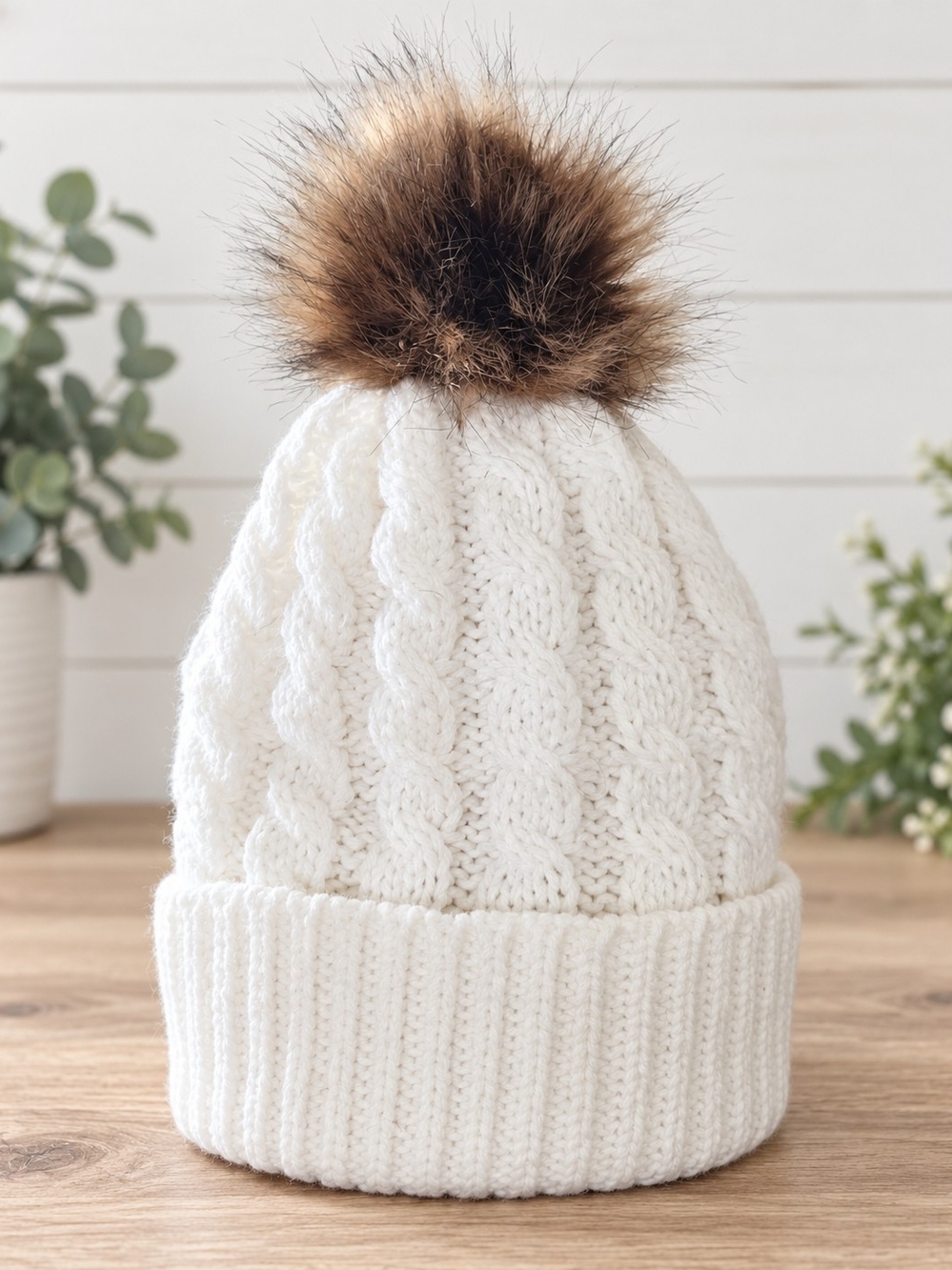 White Cable Knit Pom Beanie